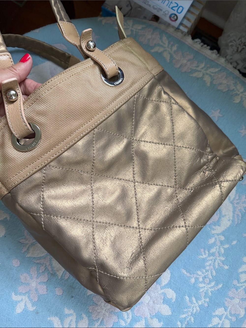 CHANEL Paris Biarritz PM Tote Bag Gold Matelasse Canvas CC - Picture 11 of 17